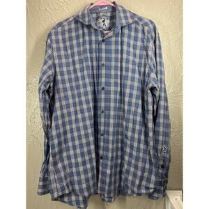 Bugatchi Shaped Fit Cotton Button Down Plaid Blue Mens Shirt Size 2XL‎